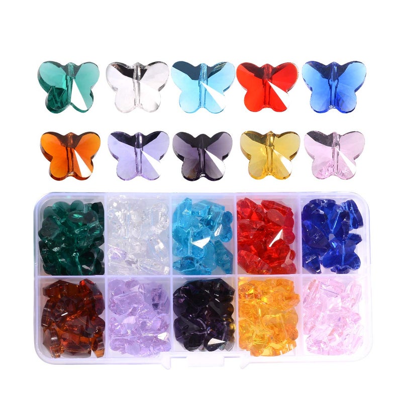 100pcs Crystal Butterfly Beads - LONGWIN 14mm Multicolor Glass Beads for Jewelry Making Chandelier Parts