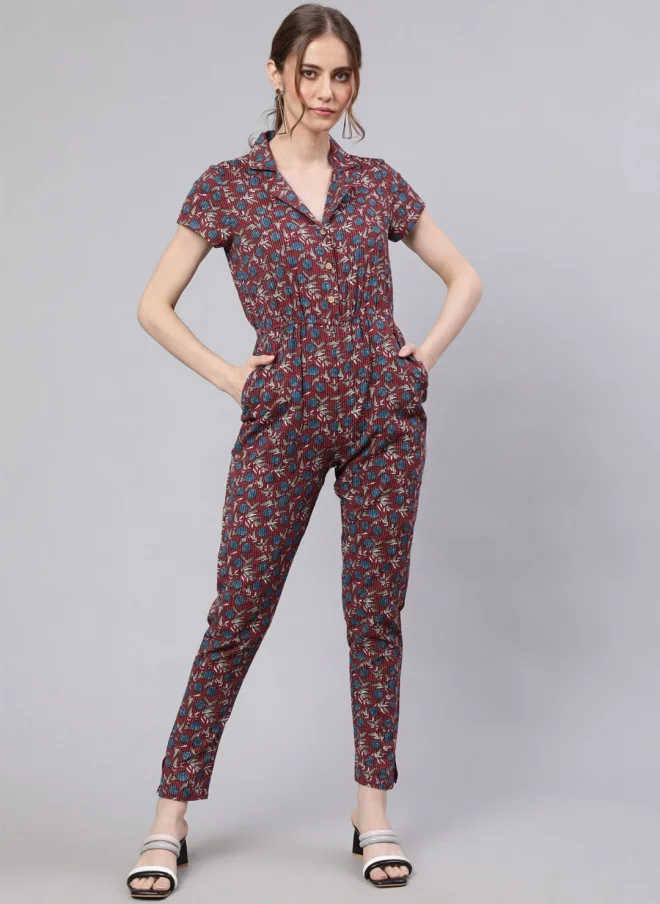 AKS Maroon Printed Basic Jumpsuit for Women