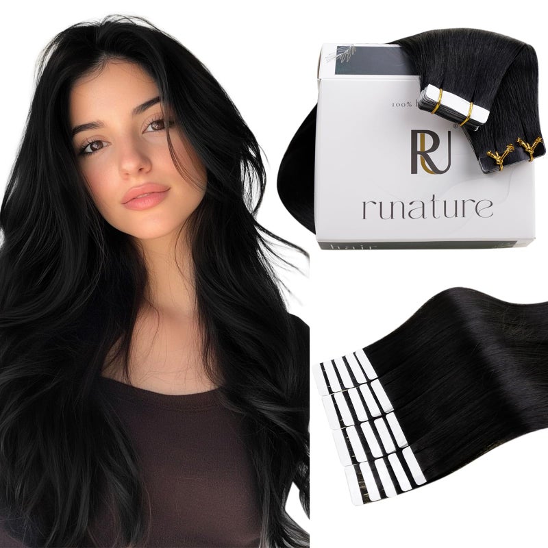 RUNATURE Black Hair Extensions Tape in Human Hair Seamless Tape in Hair Extensions Human Hair Jet Black Remy Human Hair Tape in Extensions Natural Looking 16 Inch 50g 20pcs