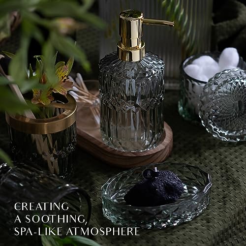 EMPO 6PCS Bathroom Clear Glass Accessories Set (Lotion Soap Dispenser, Soap Dish, Toothbrush Holder, Tumbler, Cotton Swab Jar), Contemporary Modern Decor Crystal Vintage Gift (6pcs Green) - Image 5