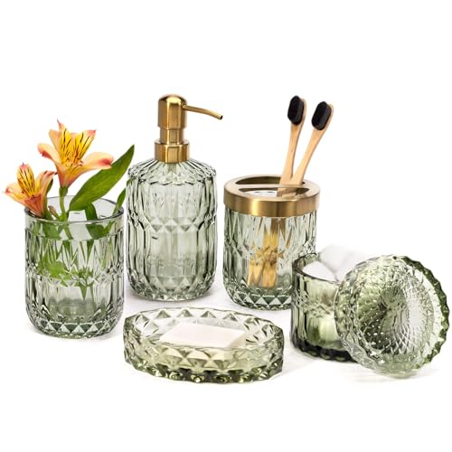 EMPO 6PCS Bathroom Clear Glass Accessories Set (Lotion Soap Dispenser, Soap Dish, Toothbrush Holder, Tumbler, Cotton Swab Jar), Contemporary Modern Decor Crystal Vintage Gift (6pcs Green) - Image 1