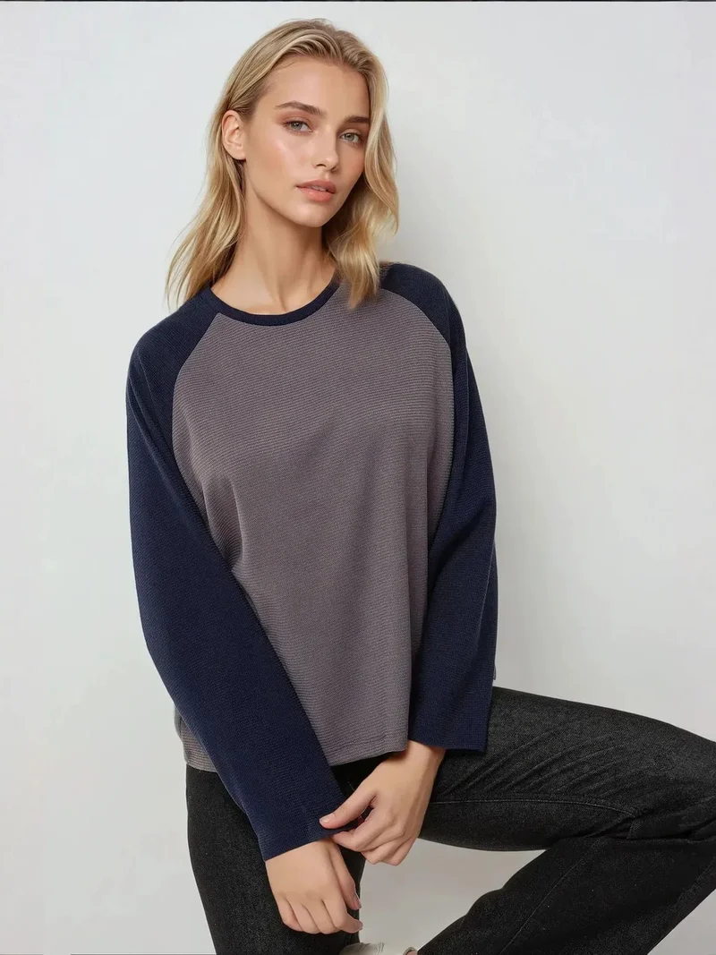 HICCUP Crew Neck Raglan Long Sleeve Waffle Top