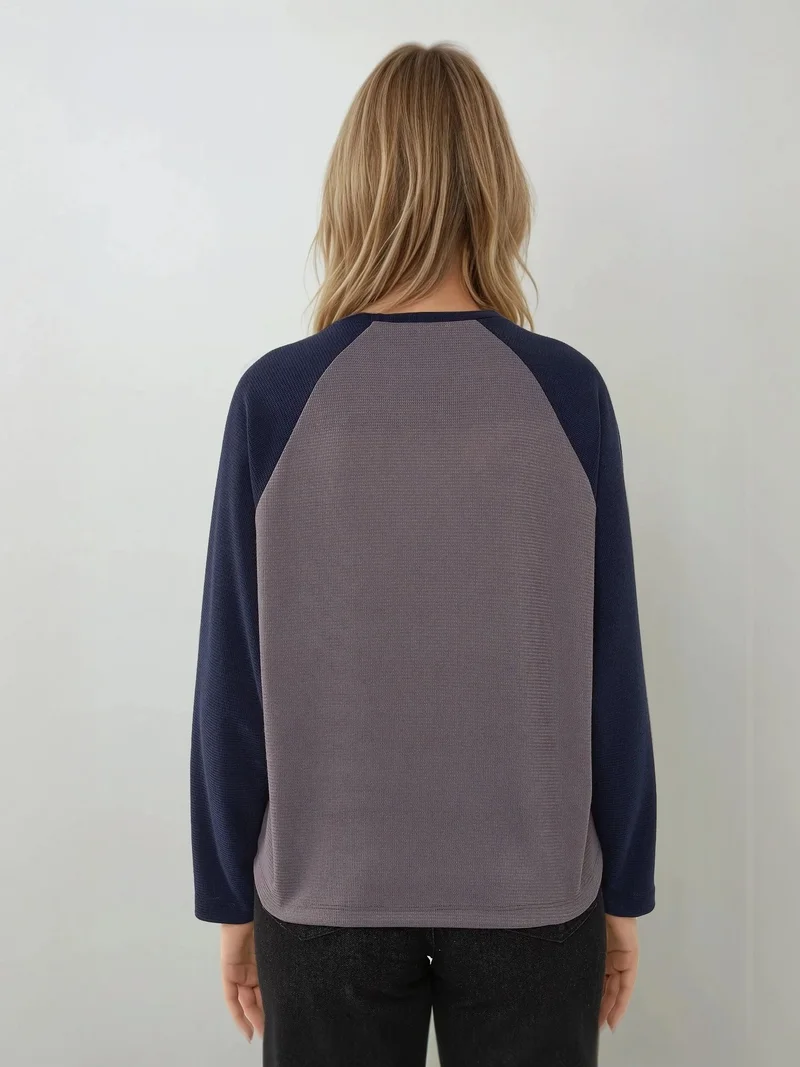 Hiccup Grey Crew Neck Raglan Long Sleeve Waffle Top for Women | Best Price UAE