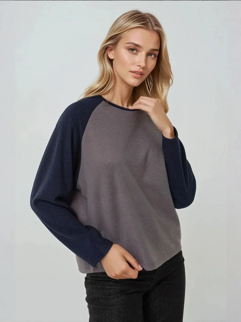 Hiccup Grey Crew Neck Raglan Long Sleeve Waffle Top for Women | Best Price UAE