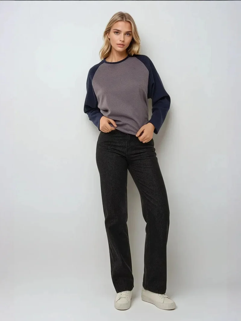 Hiccup Grey Crew Neck Raglan Long Sleeve Waffle Top for Women | Best Price UAE