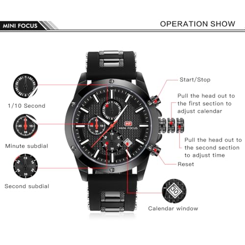 MF MINI FOCUS MINI Focus Mens Watch Casual Sports Watches (Chronograph/Waterproof/Luminous/Calendar) Silicon Band Fashion Quartz Watch for Men (All-Black) - Image 5