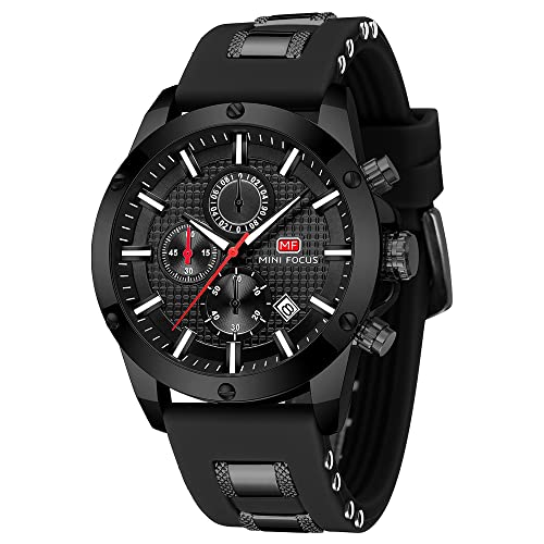 MF MINI FOCUS MINI Focus Mens Watch Casual Sports Watches (Chronograph/Waterproof/Luminous/Calendar) Silicon Band Fashion Quartz Watch for Men (All-Black) - Image 1