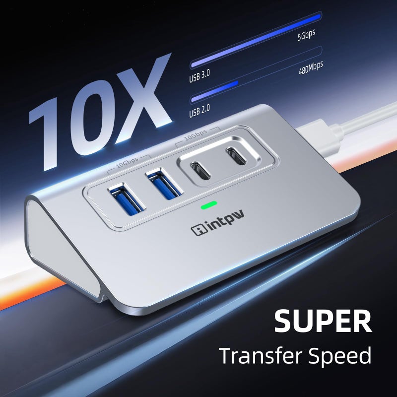 Intpw USB C Hub 10Gbps, 4 Port USB Splitter with 2 USB C/USB A 3.2 Data Ports, [Not Support Video and Chrging], Aluminum USB 3.2 Hub with 3.3Ft Cable for Laptop, PC, Mac, Flash Drive, Camera - Image 3