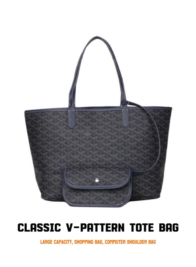 Classic Print Tote Bag, Large-Capacity Gray Shopping Bag, Women's Commuter Shoulder Bag - Image 1