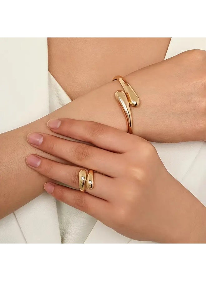 Goolsky European and American Minimalist Exquisite Golden Temperament Geometric Circular Smooth Female Bracelet Ring Jewelry Set – Golden Geometric Design Matching Set, Formal/Daily Wear/Gifting, Anti-Tarnish - Image 1