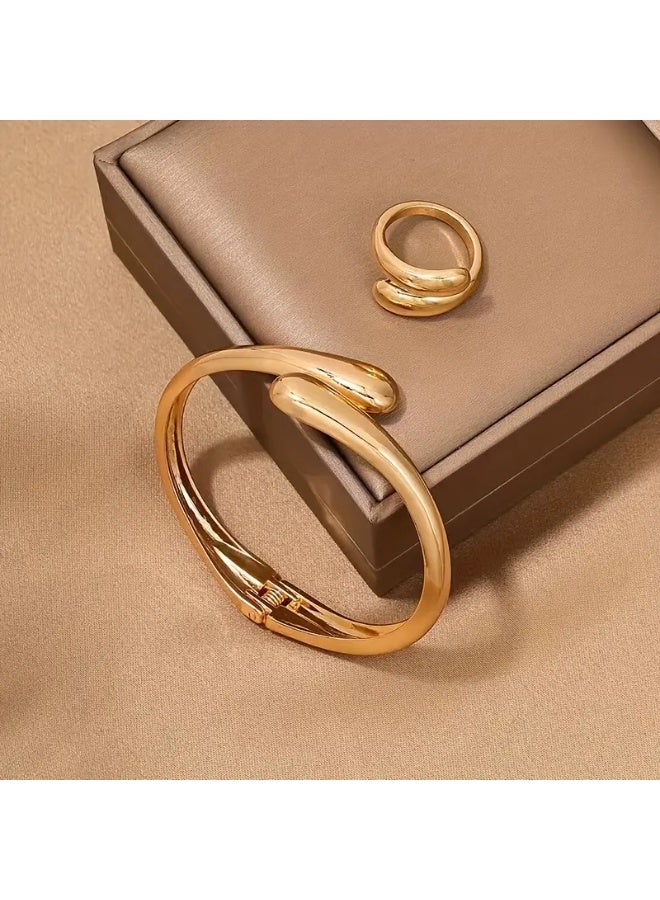 Goolsky European and American Minimalist Exquisite Golden Temperament Geometric Circular Smooth Female Bracelet Ring Jewelry Set – Golden Geometric Design Matching Set, Formal/Daily Wear/Gifting, Anti-Tarnish - Image 3