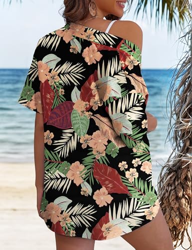 REDHOTYPE Women's 2 Piece Swimsuit Cover Up Kimono Beach Set with Shorts & Pockets Hawaiian Tropical Print Beachwear Black Tropic 01 XL - Image 4