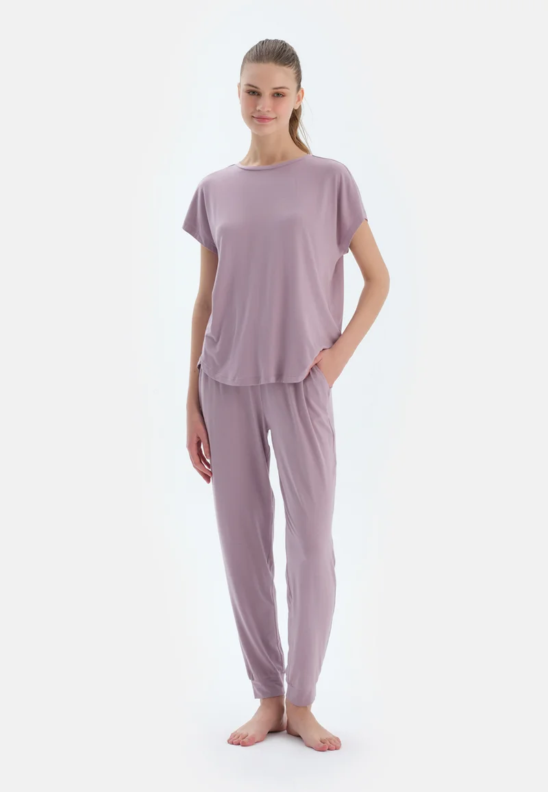 Regular/Classic Fit T-shirt & Trousers Pajama Sets Crew Neck Cotton Blend Sleepwear