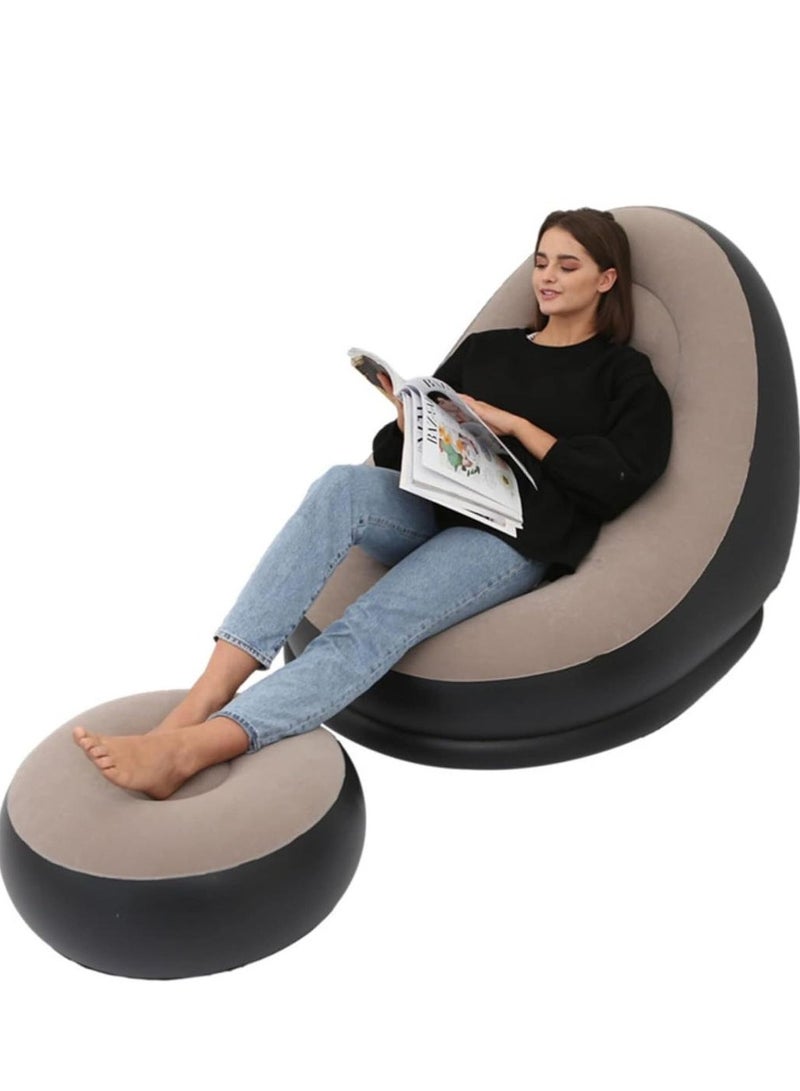 Indoor & Outdoor Inflatable Deluxe Lounge Christmas Lounger Chair & Foot Stool With Soft Plush Fabric - Ideal for Home, Garden, Gaming, Festivals, Xmas (Cream) - Image 1