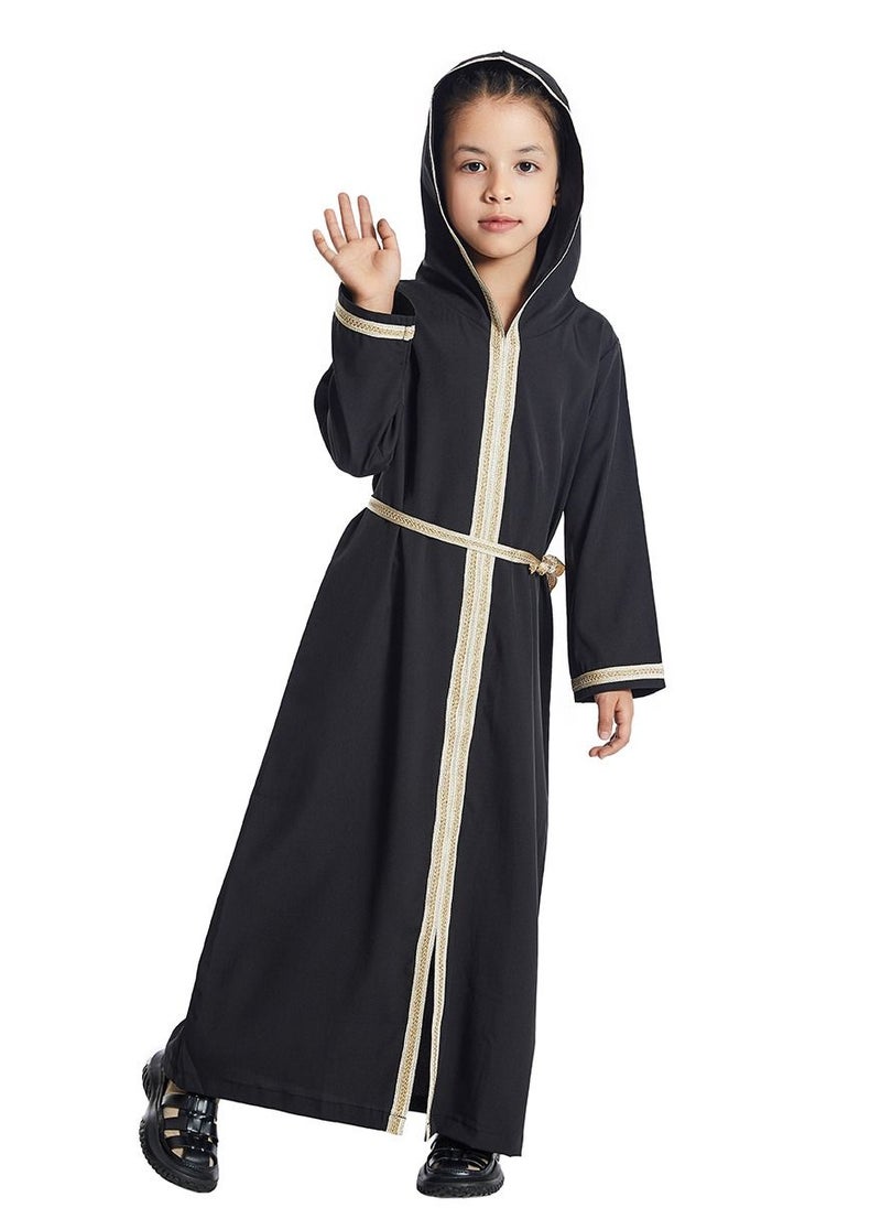Loquat - Girl's Lace-Up Hooded Long Sleeve Maxi Long Dress Black - Image 1