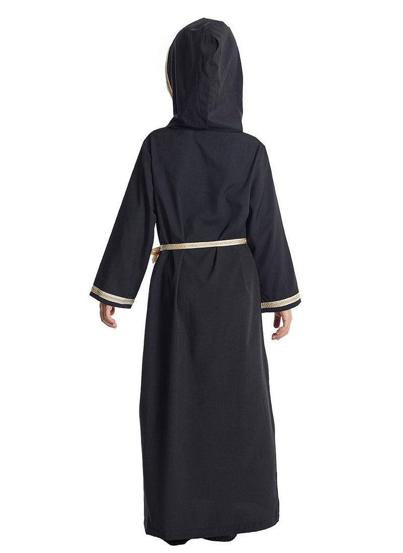 Loquat - Girl's Lace-Up Hooded Long Sleeve Maxi Long Dress Black - Image 1