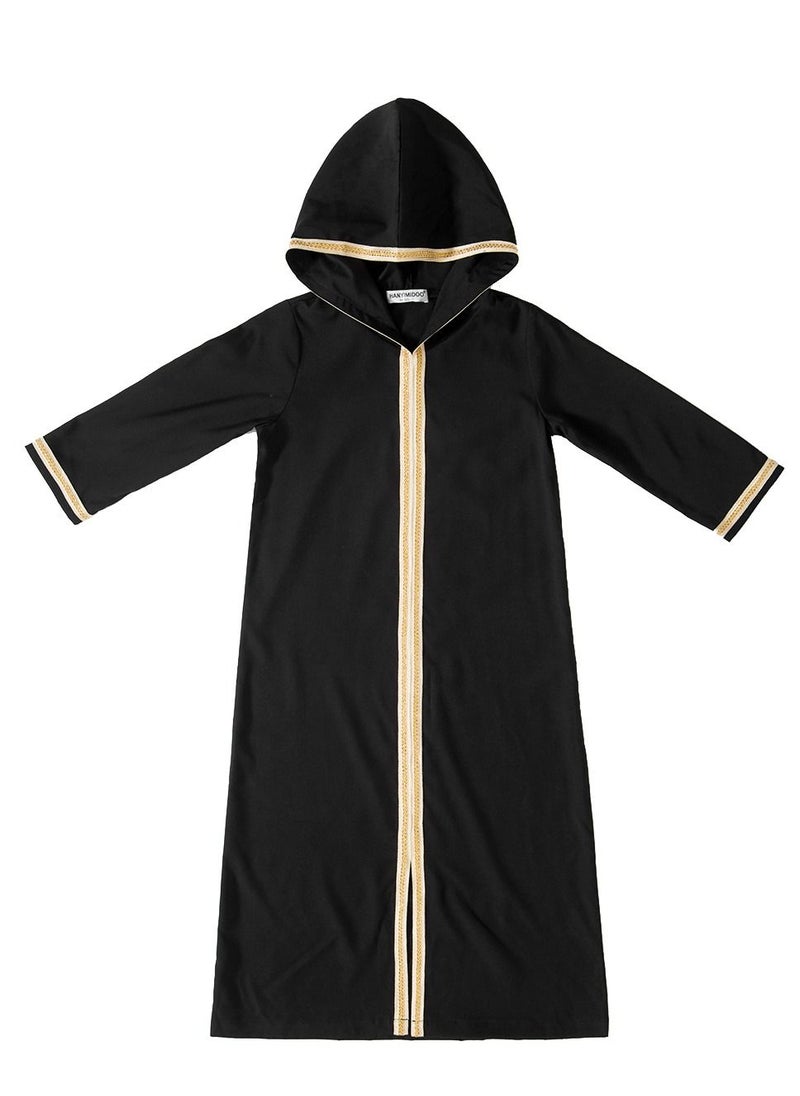 Loquat - Girl's Lace-Up Hooded Long Sleeve Maxi Long Dress Black - Image 1