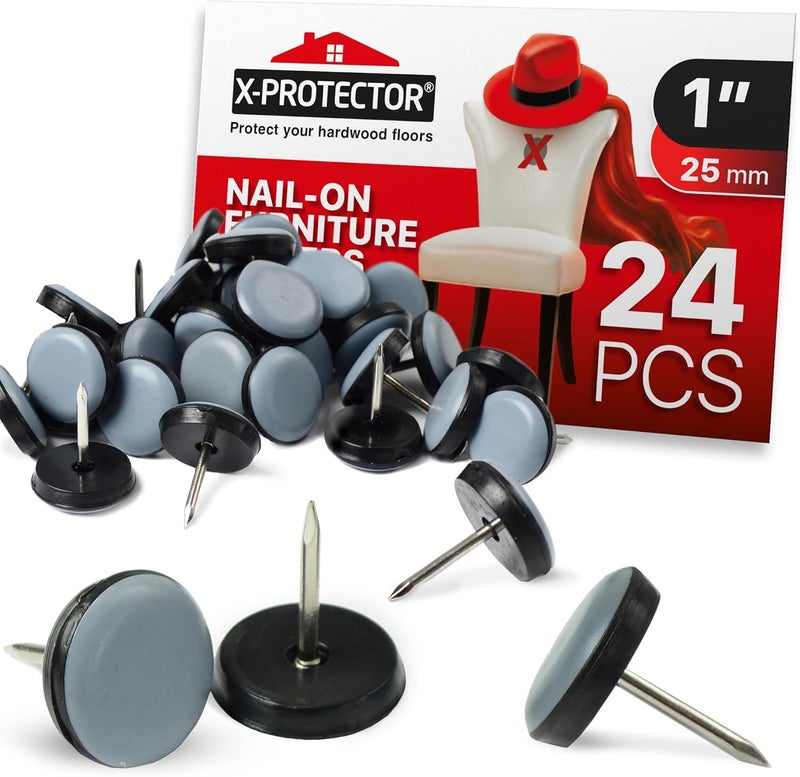 X-Protector Chair Glides – 1" Furniture Glides 24 pcs – Grey Nail-on Chair Sliders – Premium Chair Leg Floor Protectors – Slide Effortlessly with Chair Leg Pads That Protect Your Floor! - Image 1