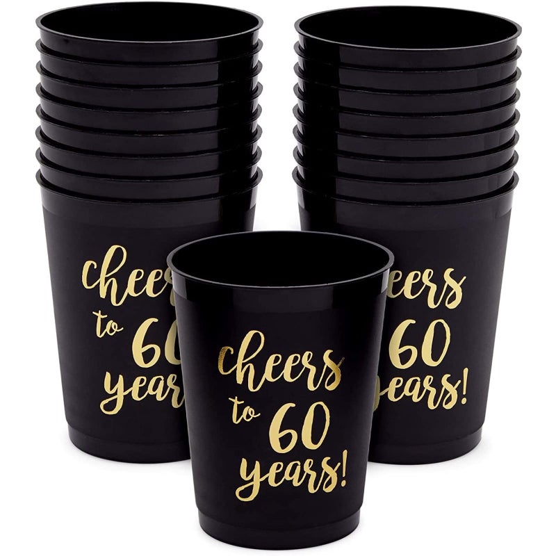 Sparkle and Bash 16 Pack Cheers to 60 Years Plastic Party Cups  60th Birthday Decorations for Men and Women Anniversaries Black 16 oz 