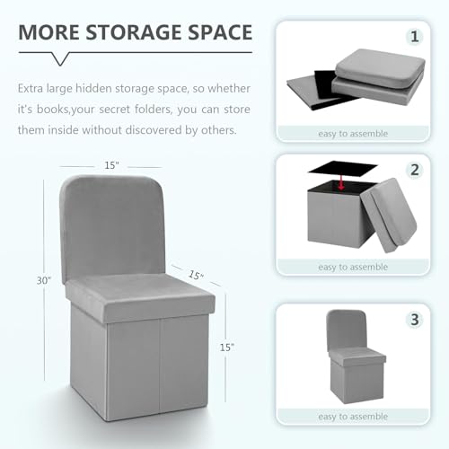 B FSOBEIIALEO Velvet Storage Ottoman with Seat Back, Folding Chair for Living Room, Room Organizer Storage Cubes, Storage Box (Grey, Medium) - Image 4