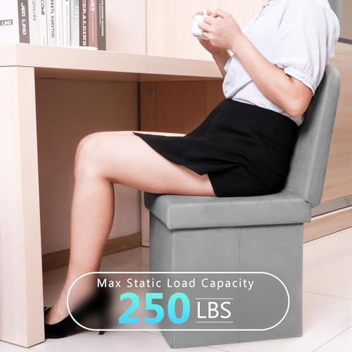 B FSOBEIIALEO Velvet Storage Ottoman with Seat Back, Folding Chair for Living Room, Room Organizer Storage Cubes, Storage Box (Grey, Medium) - Image 5