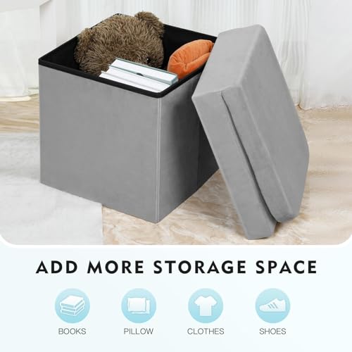 B FSOBEIIALEO Velvet Storage Ottoman with Seat Back, Folding Chair for Living Room, Room Organizer Storage Cubes, Storage Box (Grey, Medium) - Image 2