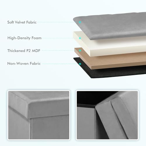 B FSOBEIIALEO Velvet Storage Ottoman with Seat Back, Folding Chair for Living Room, Room Organizer Storage Cubes, Storage Box (Grey, Medium) - Image 3