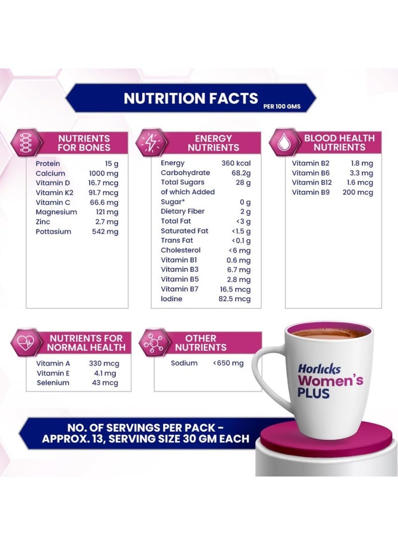 Horlicks Horlicks Women's Plus Chocolate, Health n Nutrition Drink for Women, 400gm  - Image 3