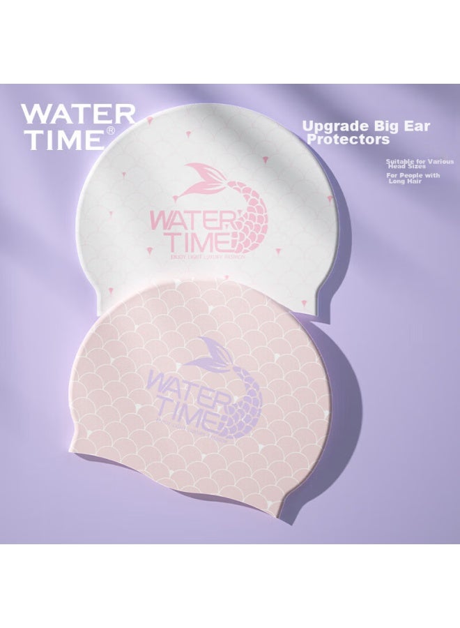 Watertime/shuichuan Swimming Cap For Women, Large Size, Non-binding For Long Hair, Printed Mermaid Series, Professional Silicone Swim Cap, Pink - Image 4