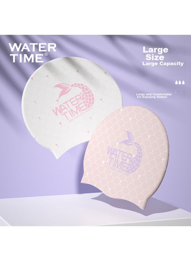 Watertime/shuichuan Swimming Cap For Women, Large Size, Non-binding For Long Hair, Printed Mermaid Series, Professional Silicone Swim Cap, Pink - Image 3