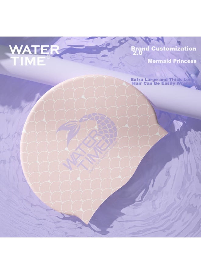 Watertime/shuichuan Swimming Cap For Women, Large Size, Non-binding For Long Hair, Printed Mermaid Series, Professional Silicone Swim Cap, Pink - Image 2