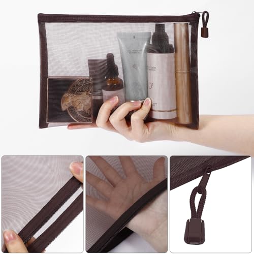 Sinzip 12 Pieces Zipper Nylon Mesh Pouch, Mesh Cosmetic Bags Makeup Bags Pencil Case, Multipurpose Travel Bags for Cosmetic School Office Supplies and Travel Accessories (Coffee, A5) - Image 3