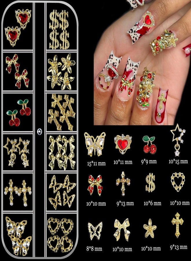 KACHIMOO Gold Nail Charms, 4 Boxes Nail Gems Nail Pearls Red Nail Art Charms 3D Cross Butterfly Cherry Heart Star Bow Flower Dollar Nail Rhinestones,3D Nail Art Charms for Nails Design - Image 2