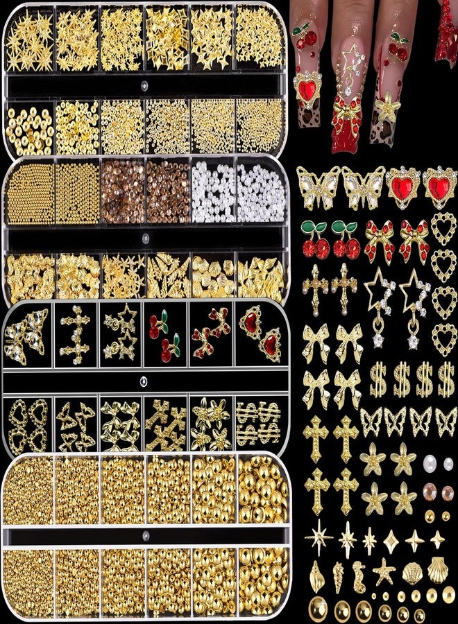 KACHIMOO Gold Nail Charms, 4 Boxes Nail Gems Nail Pearls Red Nail Art Charms 3D Cross Butterfly Cherry Heart Star Bow Flower Dollar Nail Rhinestones,3D Nail Art Charms for Nails Design - Image 1