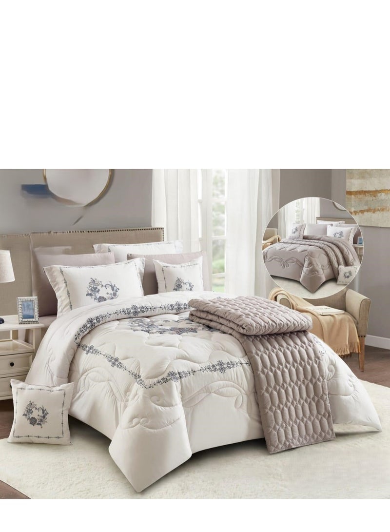 AKD Double bed set with an exclusive and attractive embroidered pattern, made of luxurious microfiber. Includes:  1 Quilt 240*260cm 1 Fitted Sheet 200*200*30cm 2 Decorative Pillowcases 75*50*5cm 2 Pillowcases 75*50cm - Image 1