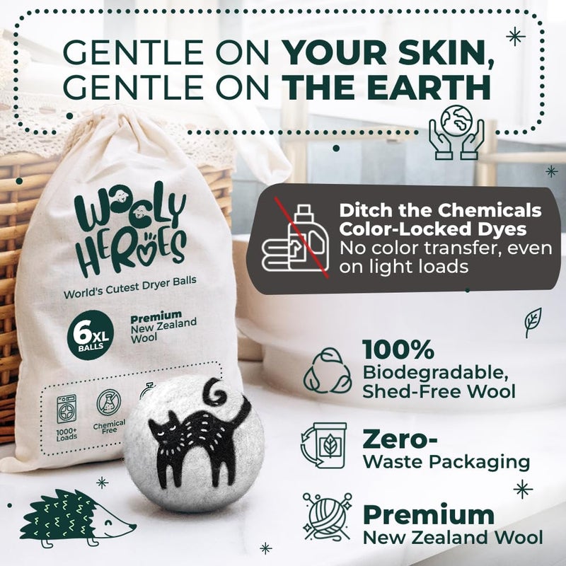 WOOLY HEROES No More Dryer Sheets! XL Wool Dryer Balls 6-Pack, Reusable Laundry Softener & Static Reducer, Eco-Friendly, Long-Lasting, Safe for Sensitive Skin - Image 3