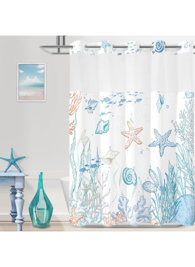TWLSNCD No Hook Nautical Coastal Shower Curtain with Snap in Liner Set, Ocean Summer Beach Seashell Design, Hotel Quality Bathroom Decor, with See Through Mesh Top Window, Orange 71" x 74" - Image 1