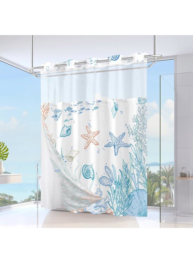 TWLSNCD No Hook Nautical Coastal Shower Curtain with Snap in Liner Set, Ocean Summer Beach Seashell Design, Hotel Quality Bathroom Decor, with See Through Mesh Top Window, Orange 71" x 74" - Image 2