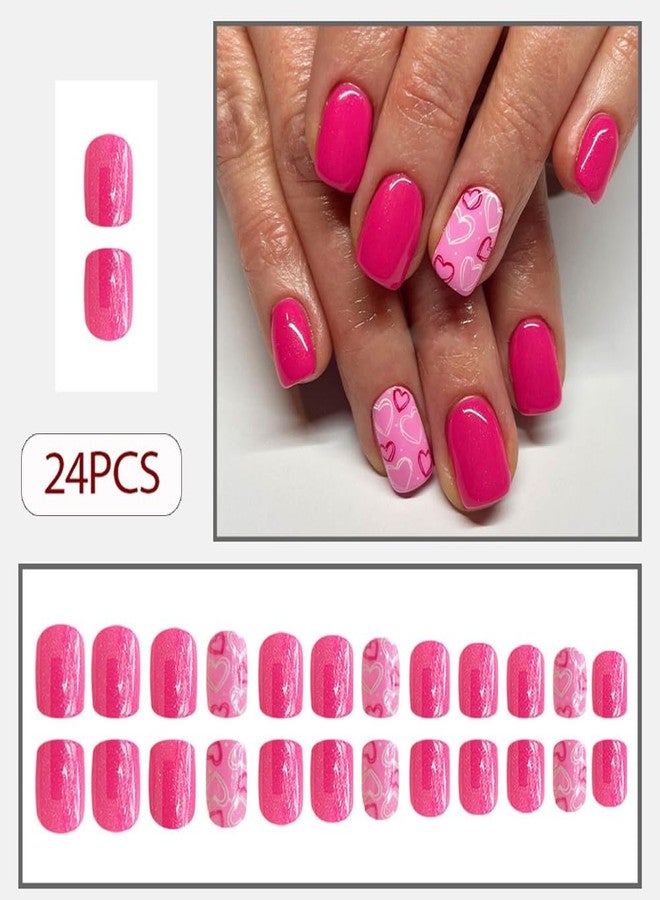 WAFOLOZE Valentines Press On Nails Short Square - Heart Press On Nails, Valentines Fake Nail with Rose Red Nail&Heart Glossy Design, Artificial Valentines Stick On Nail for Women-24Pcs - Image 3