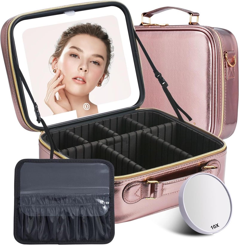 Mocado Travel Makeup Bag with LED Lighted Mirror, Travel Makeup Organizer, Makeup Case with 3 Color Lighted Setting and 10x Magnifying Mirror, Portable Storage and Adjustable Dividers (Champagne) - Image 1