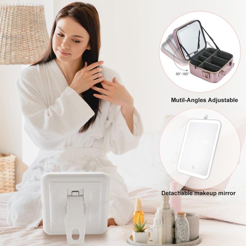 Mocado Travel Makeup Bag with LED Lighted Mirror, Travel Makeup Organizer, Makeup Case with 3 Color Lighted Setting and 10x Magnifying Mirror, Portable Storage and Adjustable Dividers (Champagne) - Image 5
