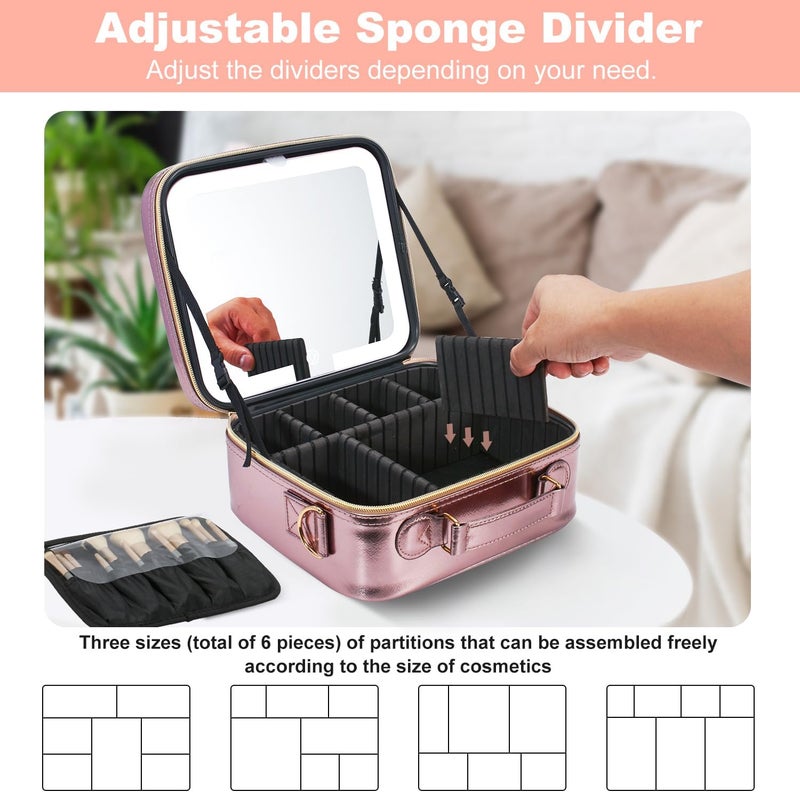 Mocado Travel Makeup Bag with LED Lighted Mirror, Travel Makeup Organizer, Makeup Case with 3 Color Lighted Setting and 10x Magnifying Mirror, Portable Storage and Adjustable Dividers (Champagne) - Image 3