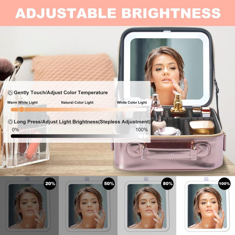 Mocado Travel Makeup Bag with LED Lighted Mirror, Travel Makeup Organizer, Makeup Case with 3 Color Lighted Setting and 10x Magnifying Mirror, Portable Storage and Adjustable Dividers (Champagne) - Image 4