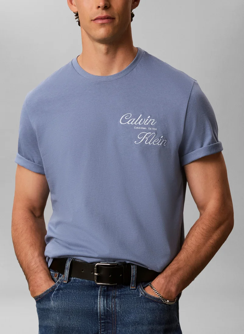 Calvin Klein Jeans Dusty Sailor Blue Embroidered Logo T-Shirt for Men | Best Price UAE
