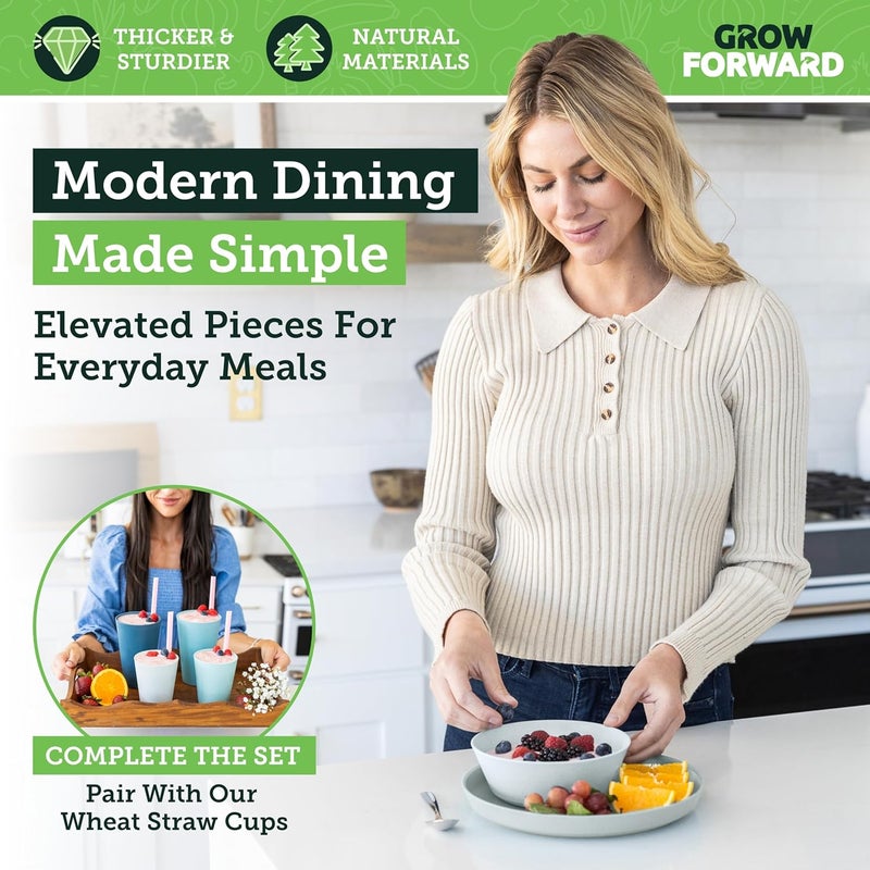 Grow Forward Premium Wheat Straw Dinnerware Sets - 8 Piece Unbreakable Microwave Safe Dishes - Reusable Wheat Straw Plates and Bowls Sets - Wheat Straw Bowls for Cereal, Soup, Camping, RV - Glacier - Image 5