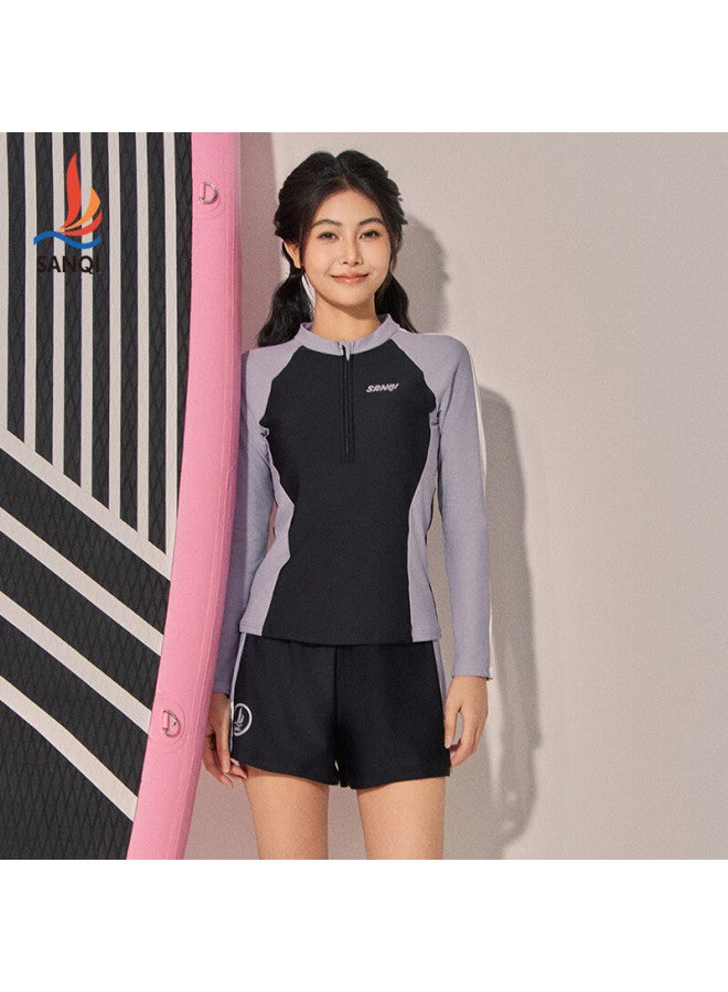 Sanqi Women's Three-piece Swimsuit Set With Separate Top, Conservative Design To Slim And Cover Belly, Long Sleeves And Long Pants For Conservative Thermal Springs, Snorkeling, And Surfing, Purple Xxl - Image 3