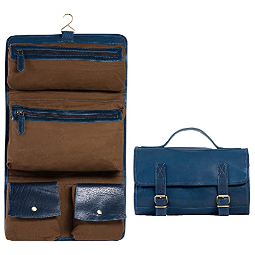 KomalC Premium Buffalo Leather Roll Toiletry Bag Travel Dopp Kit (Ink Blue) - Image 1