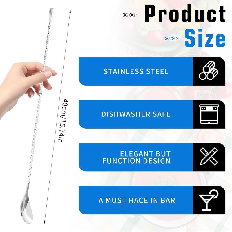 COBEE 6 Pcs 15.7 In Cocktail Spoons, Stainless Steel Extra Long Bar Spoon Spiral Mixing Stirrer Drink Shaker Spoon for Tall Cups Cocktail Shaker(Silver) - Image 3