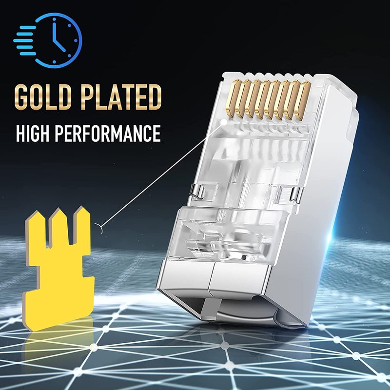 SETH ENTERPRISES Shielded RJ45 Cat6 Cat 6A Connectors - Pass Through Connector Gold Plated 3 Prong 8P8C Modular Plugs for FTP/STP Stranded Ethernet Cable & Solid Wire 23AWG (10pcs pack) - Image 4