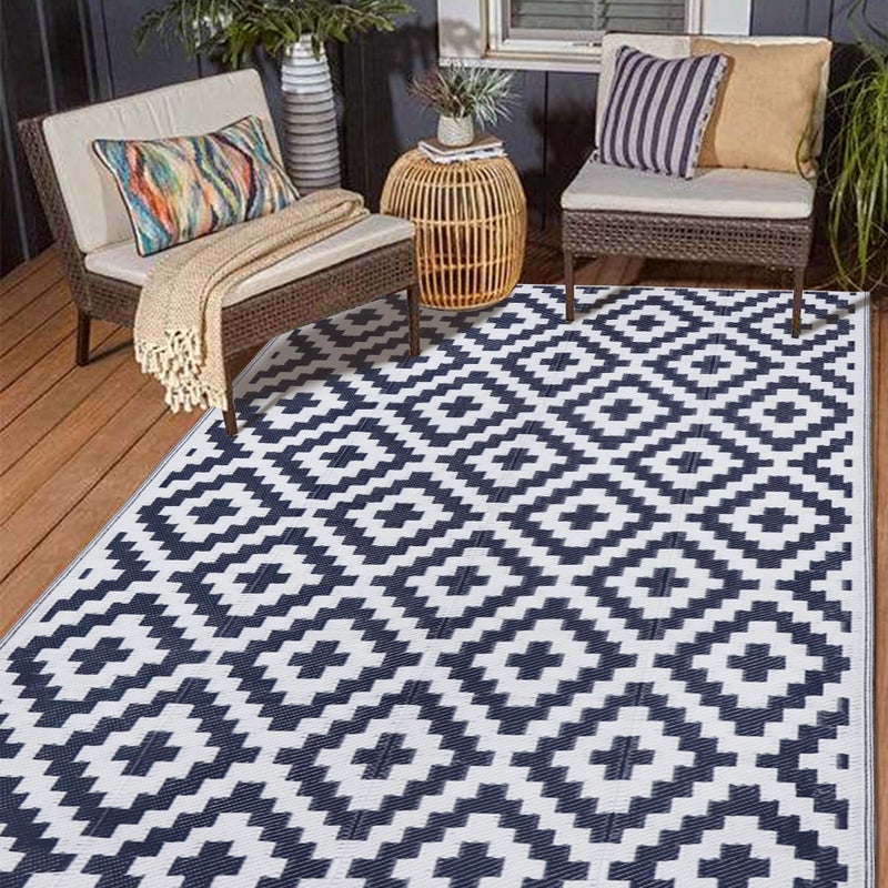 SAND MINE Reversible Mats, Plastic Straw Rug, Modern Area Rug, Large Floor Mat and Rug for Outdoors, RV, Patio, Backyard, Deck, Picnic, Beach, Trailer, Camping, Dark Blue & White, 5' x 8' - Image 1